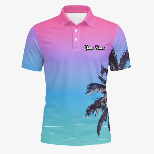 Personalisiertes Golf Poloshirt Rosa Blaues Palmen Strand Sonnenuntergang Design für Herren Q3519