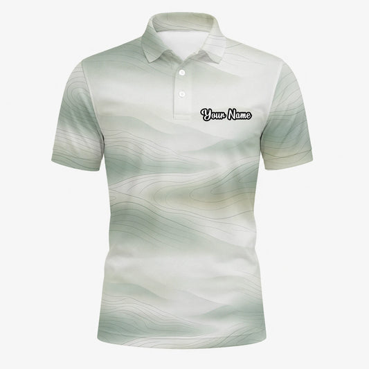 Personalisiertes Golf Poloshirt Weiß Salbeigrünes Abstraktes Wellen Design für Herren F8070