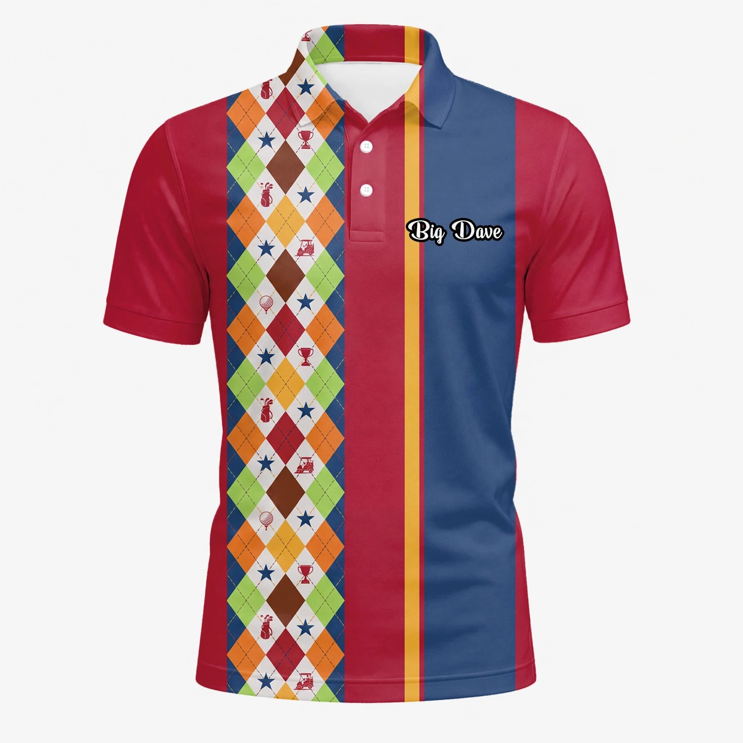 Personalisiertes Golf Poloshirt Rot Blaues Buntes Rauten Muster für Herren V1769