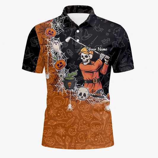 Personalisiertes Golf Poloshirt Schwarz Orange Halloween Skelett Golfer Spinnennetz Design für Herren Y5076