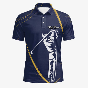 Personalisiertes Golf Poloshirt Marineblau Goldenes Golfer Schwung Silhouetten Design für Herren A1639
