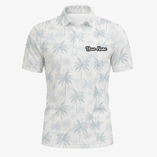 Personalisiertes Golf Poloshirt Weiß Hellblaues Palmenblätter Design für Herren U1709