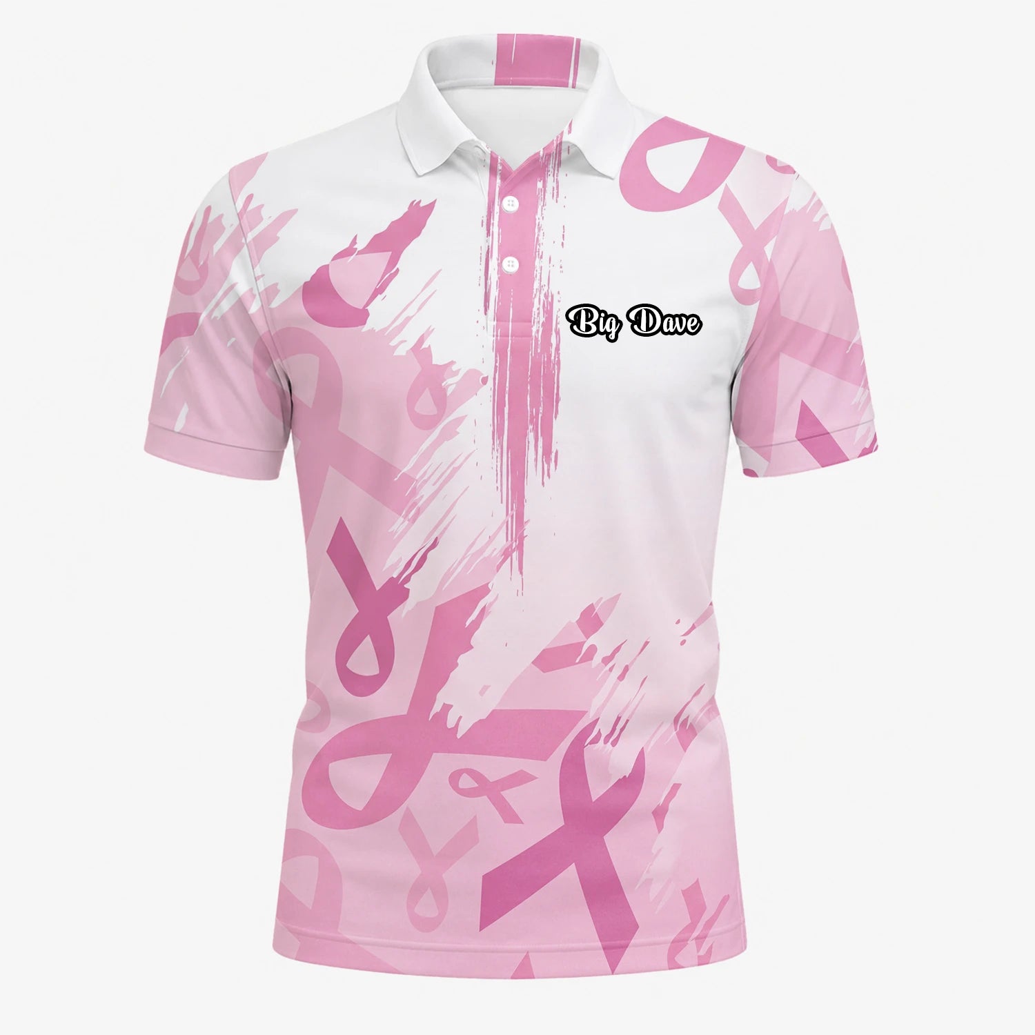 Personalisiertes Golf Poloshirt Weiß Rosa Brustkrebs Awareness Schleifen Pinselstrich Design für Herren U4702