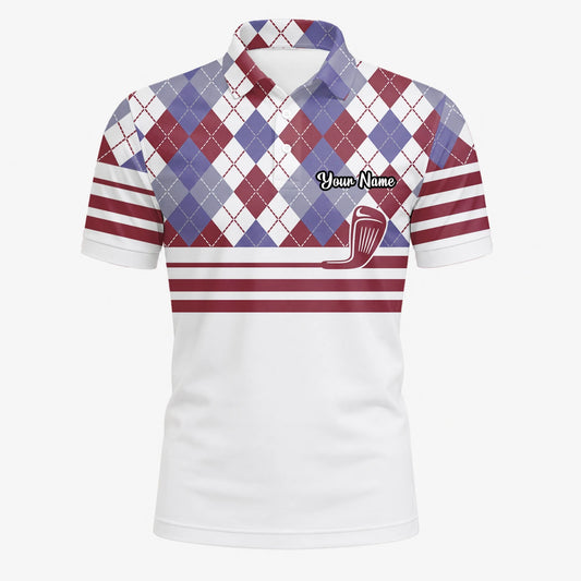 Personalisiertes Golf Poloshirt Weiß Bordeaux Rauten Golfschläger Streifen Design für Herren K9019