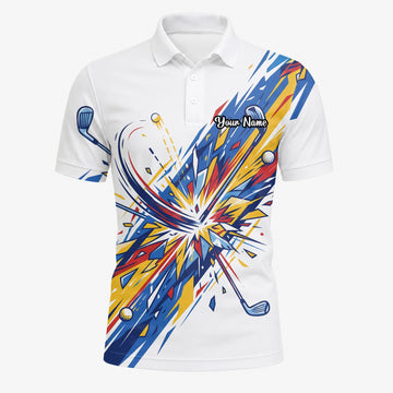 Personalisiertes Golf Poloshirt Weiß Blaues Golf Schwung Grafik Design für Herren B2869