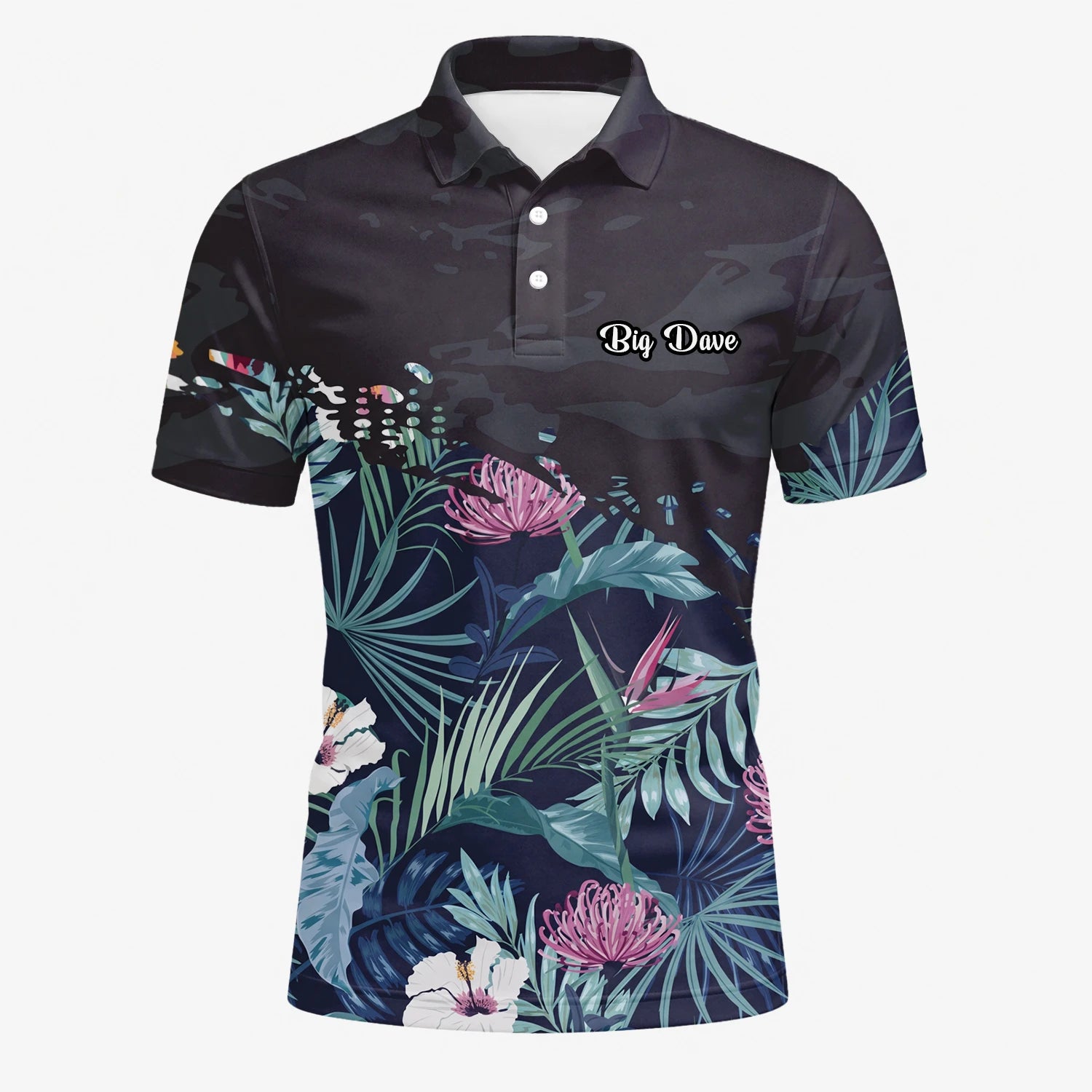 Personalisiertes Golf Poloshirt Marineblaues Tropisches Blumen Blätter Design für Herren N4110