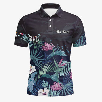 Personalisiertes Golf Poloshirt Marineblaues Tropisches Blumen Blätter Design für Herren N4110