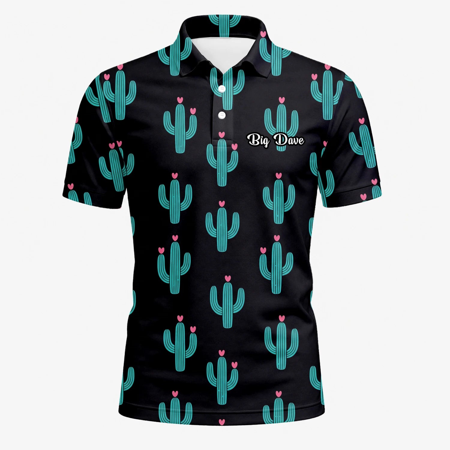 Personalisiertes Golf Poloshirt Schwarz Türkis Kaktus Herz Design für Herren L0709