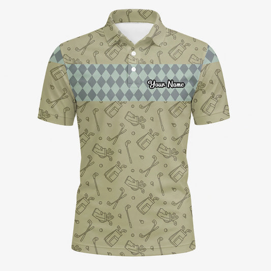 Personalisiertes Golf Poloshirt Khaki Golfschläger Skizzen Rauten Design für Herren K5983