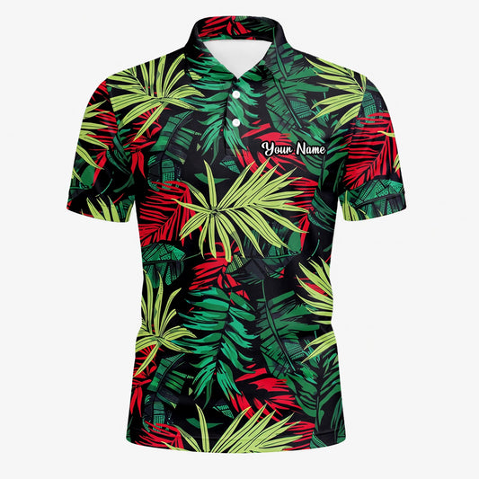 Personalisiertes Golf Poloshirt Schwarz Grün Rotes Tropisches Blätter Design für Herren U5191