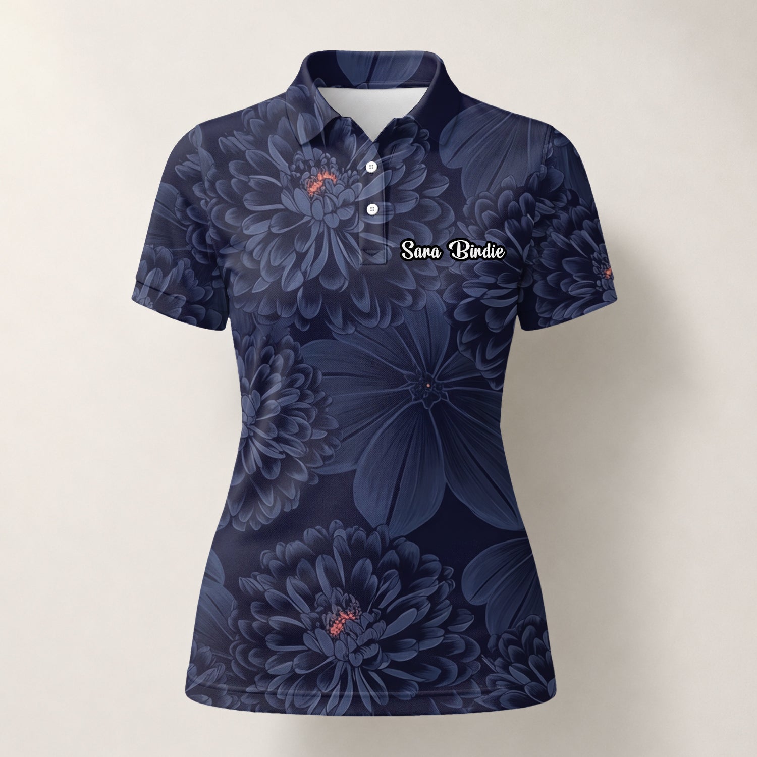 Personalisiertes Golf Poloshirt Dunkelblaues Chrysanthemen Blumen Design für Damen A0086