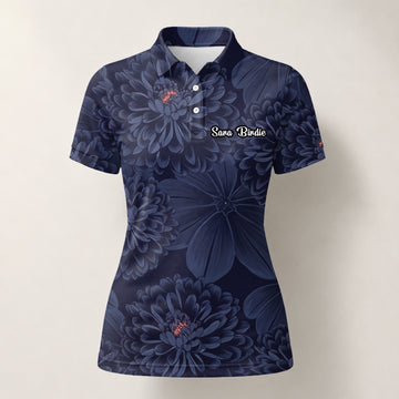 Personalisiertes Golf Poloshirt Dunkelblaues Chrysanthemen Blumen Design für Damen A0086