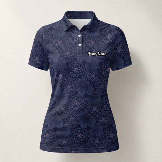Personalisiertes Golf Poloshirt Dunkelblaues Chrysanthemen Blumen Design für Damen A0086