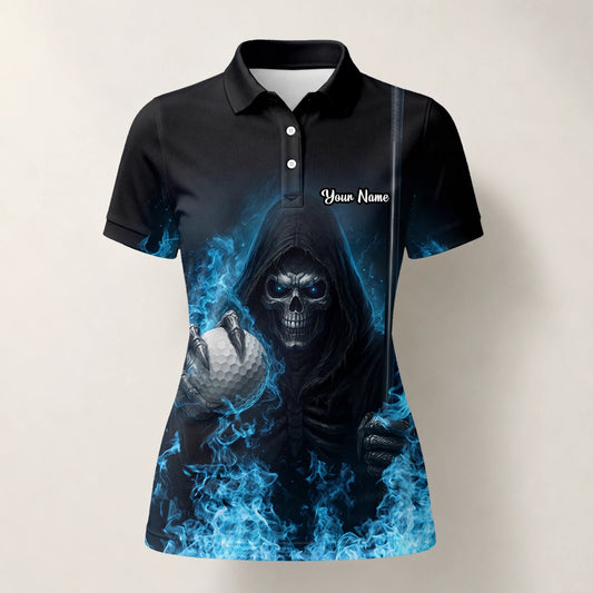 Personalisiertes Golf Poloshirt Schwarz Blaues Totenkopf Golfball Blitz Design für Damen N0793