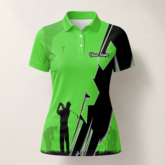 Personalisiertes Golf Poloshirt Limettengrünes Golfer Silhouetten Blitz Design für Damen V5316