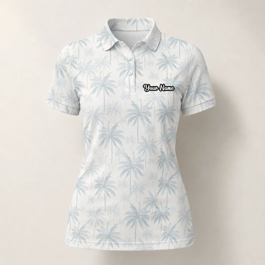 Personalisiertes Golf Poloshirt Weiß Hellblaues Palmenblätter Design für Damen U1709