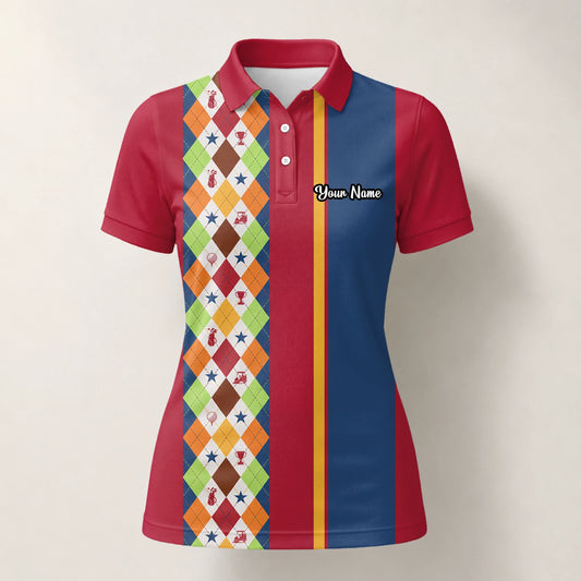 Personalisiertes Golf Poloshirt Rot Blaues Buntes Rauten Muster für Damen V1769