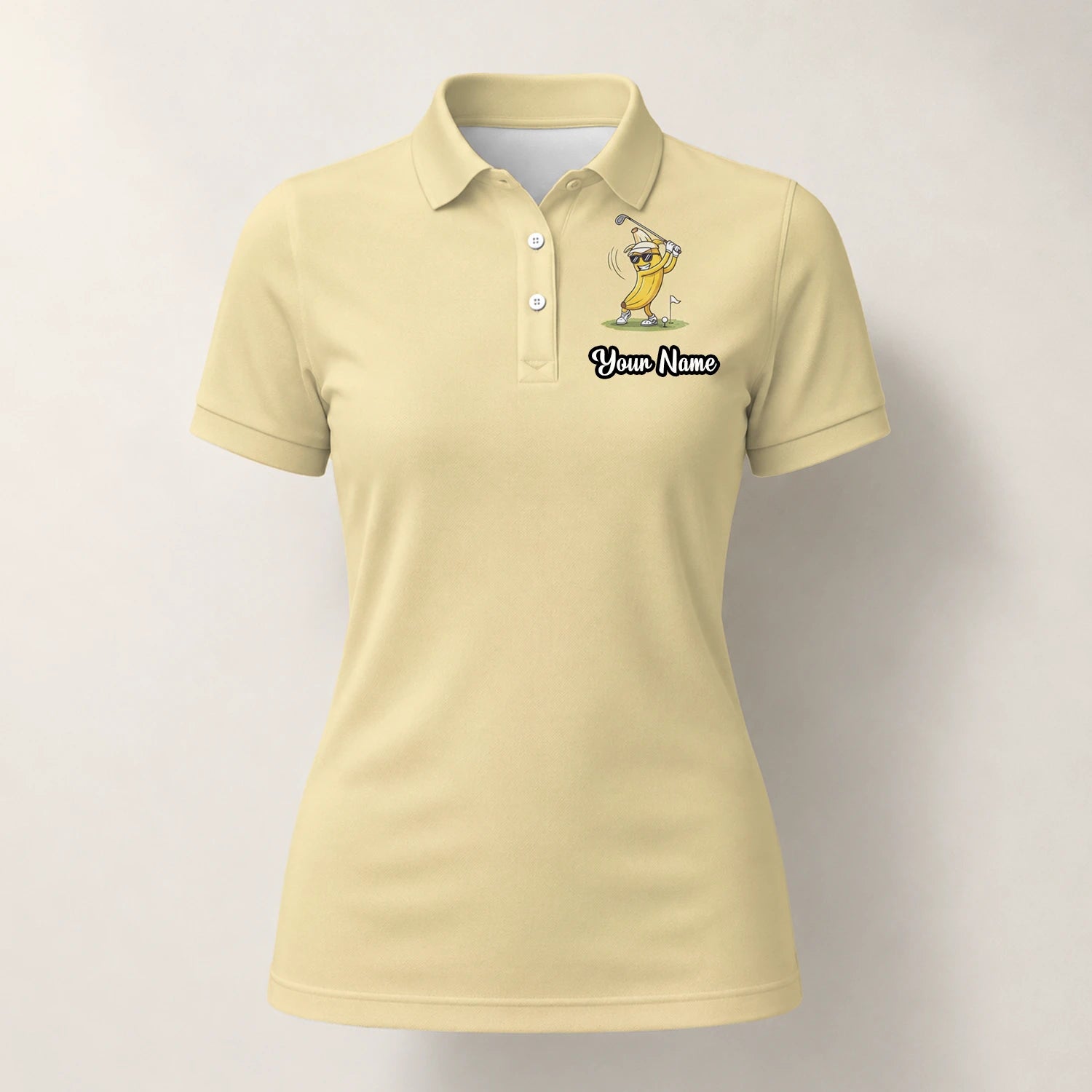 Personalisiertes Golf Poloshirt Hellgelbes Bananen Golfer Cartoon Design für Damen X9847