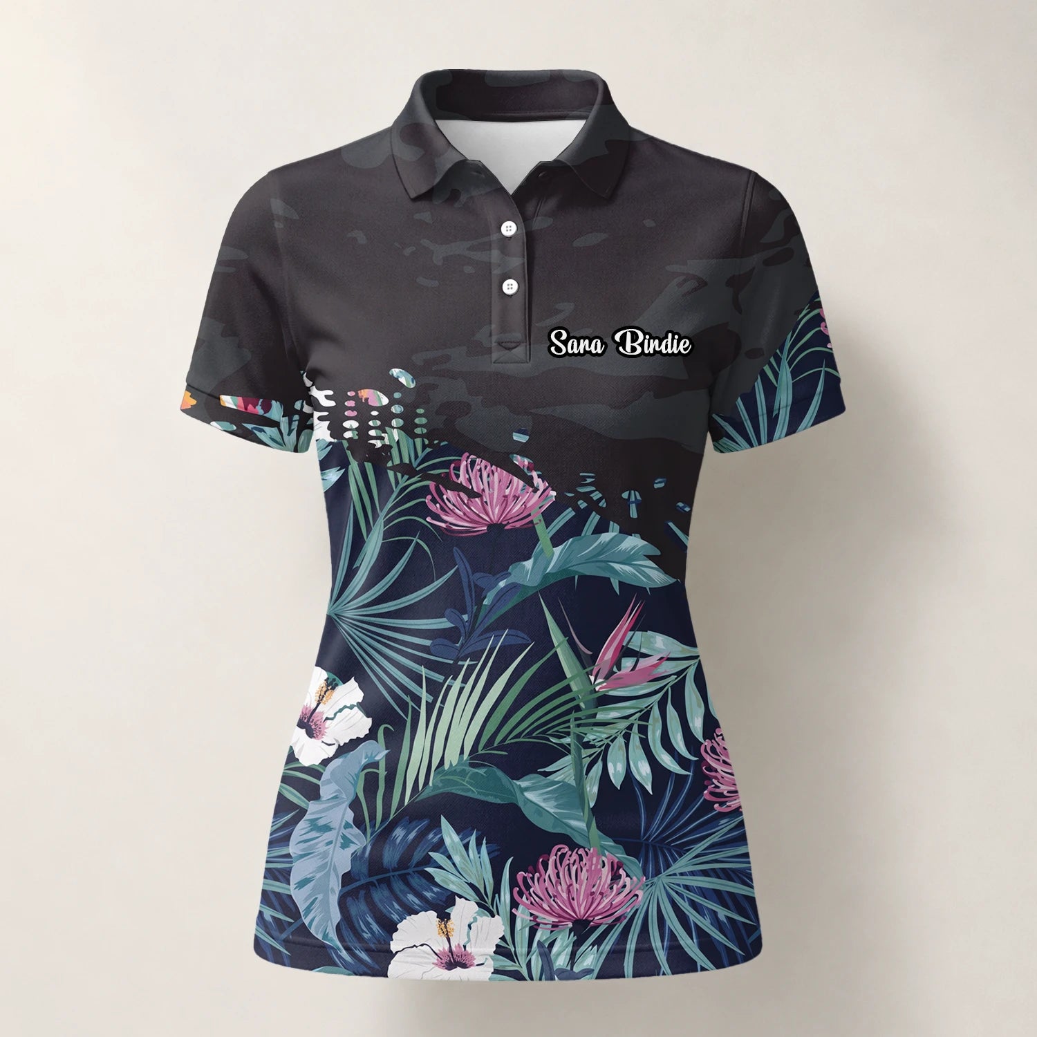 Personalisiertes Golf Poloshirt Marineblaues Tropisches Blumen Blätter Design für Damen N4110
