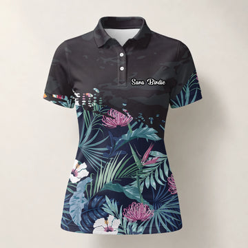 Personalisiertes Golf Poloshirt Marineblaues Tropisches Blumen Blätter Design für Damen N4110