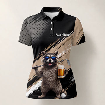 Personalisiertes Golf Poloshirt Schwarz Beiges Waschbär Bier Golfer Cartoon Design für Damen K7921