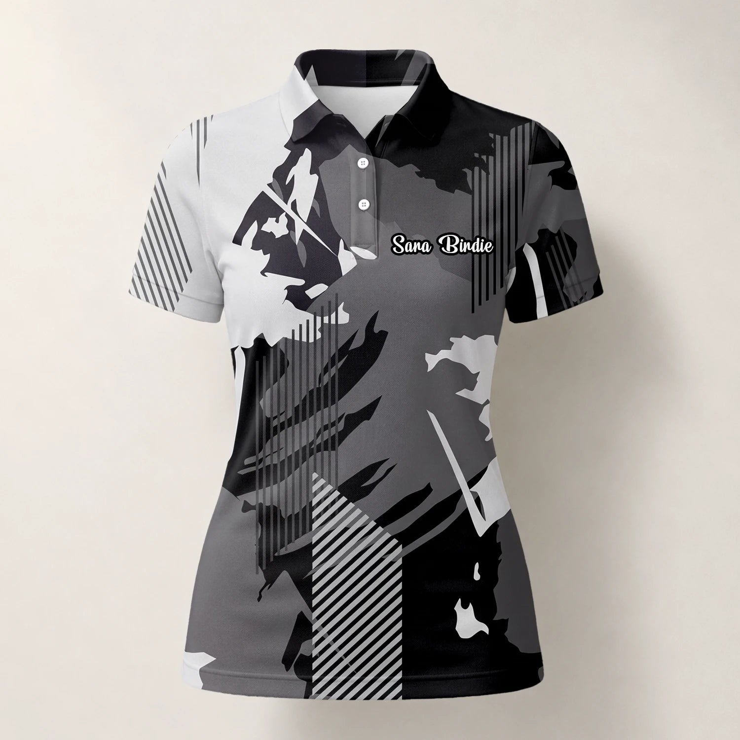 Personalisiertes Golf Poloshirt Grau Schwarzes Abstraktes Pinselstreifen Design für Damen I7293
