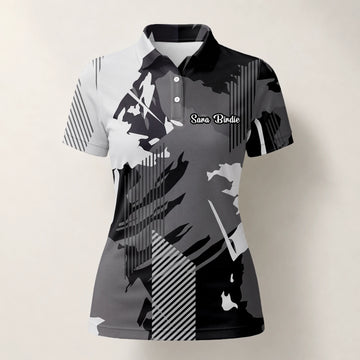 Personalisiertes Golf Poloshirt Grau Schwarzes Abstraktes Pinselstreifen Design für Damen I7293