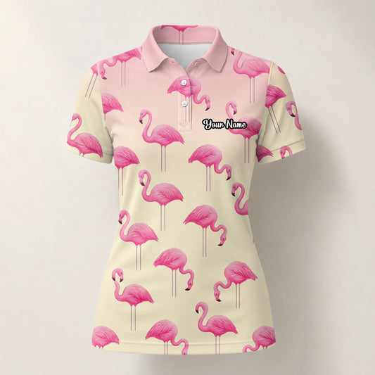 Personalisiertes Golf Poloshirt Creme Rosa Flamingo Design für Damen P5242