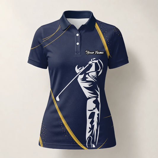 Personalisiertes Golf Poloshirt Marineblau Goldenes Golfer Schwung Silhouetten Design für Damen A1639