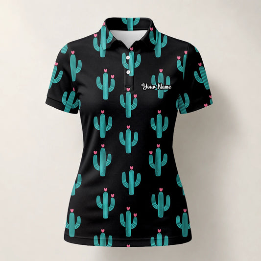 Personalisiertes Golf Poloshirt Schwarz Türkis Kaktus Herz Design für Damen L0709