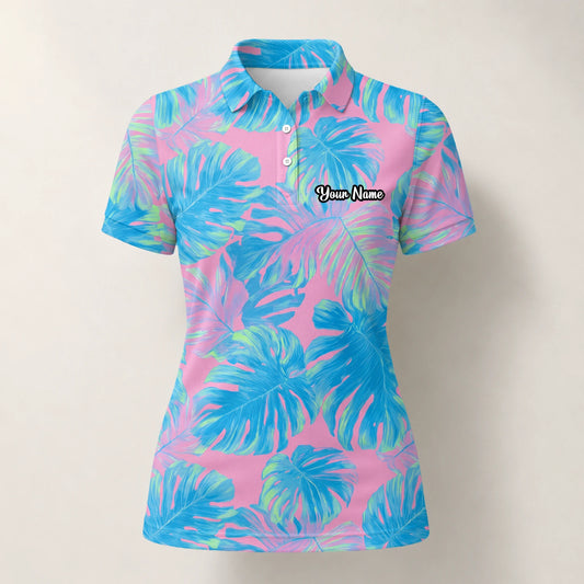Personalisiertes Golf Poloshirt Rosa Türkis Tropisches Monstera Blätter Design für Damen C8385