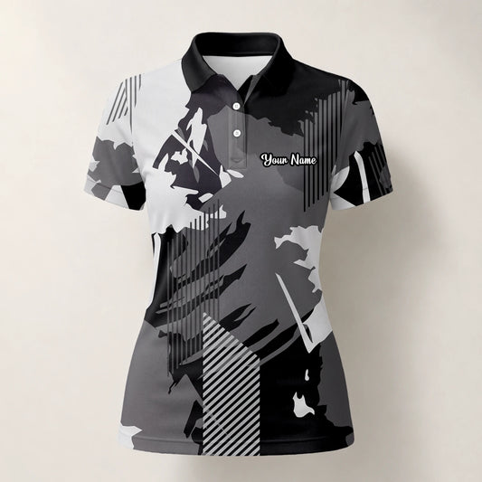 Personalisiertes Golf Poloshirt Grau Schwarzes Abstraktes Pinselstreifen Design für Damen I7293
