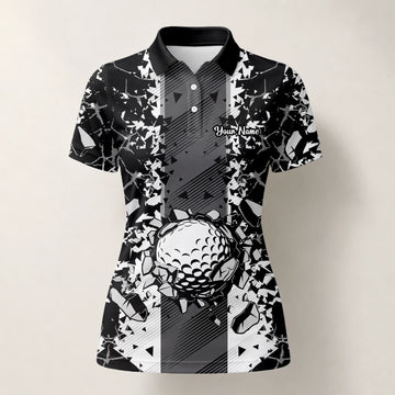 Personalisiertes Golf Poloshirt Schwarz Weißes Golfball Glassplitter Design für Damen F6407