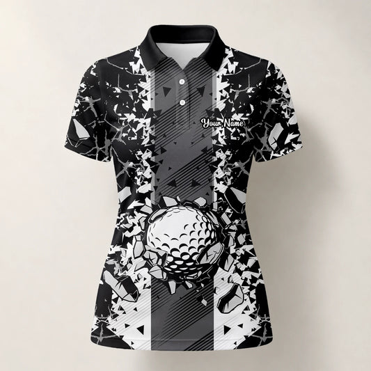 Personalisiertes Golf Poloshirt Schwarz Weißes Golfball Glassplitter Design für Damen F6407