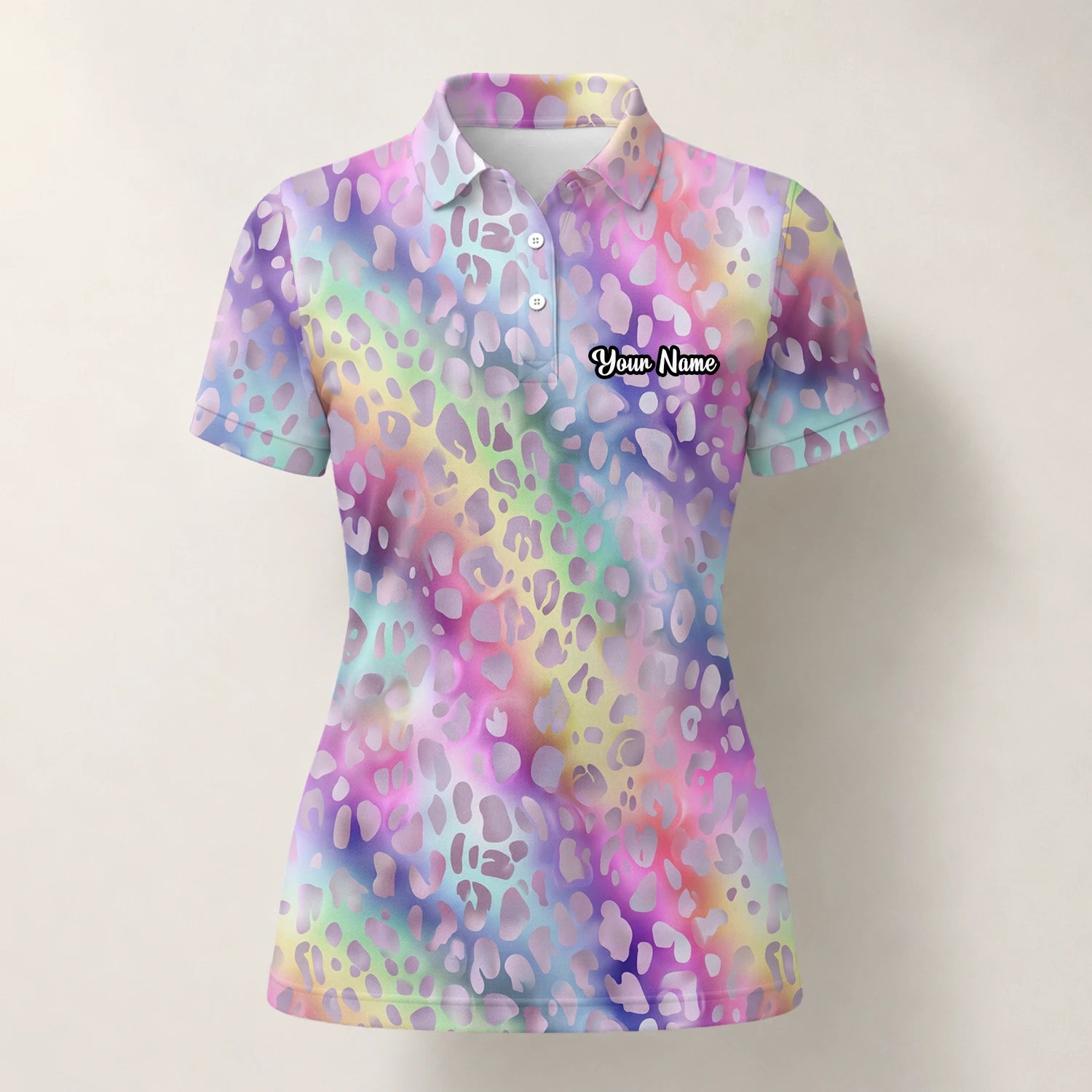 Personalisiertes Golf Poloshirt Pastell Regenbogen Leo Print Design für Damen E5373