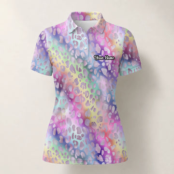 Personalisiertes Golf Poloshirt Pastell Regenbogen Leo Print Design für Damen E5373