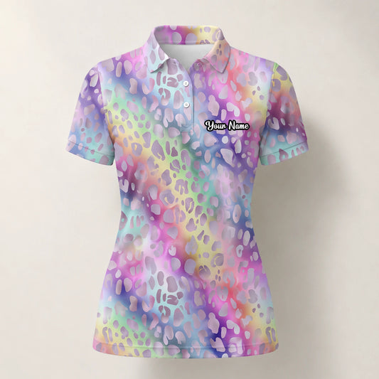 Personalisiertes Golf Poloshirt Pastell Regenbogen Leo Print Design für Damen E5373