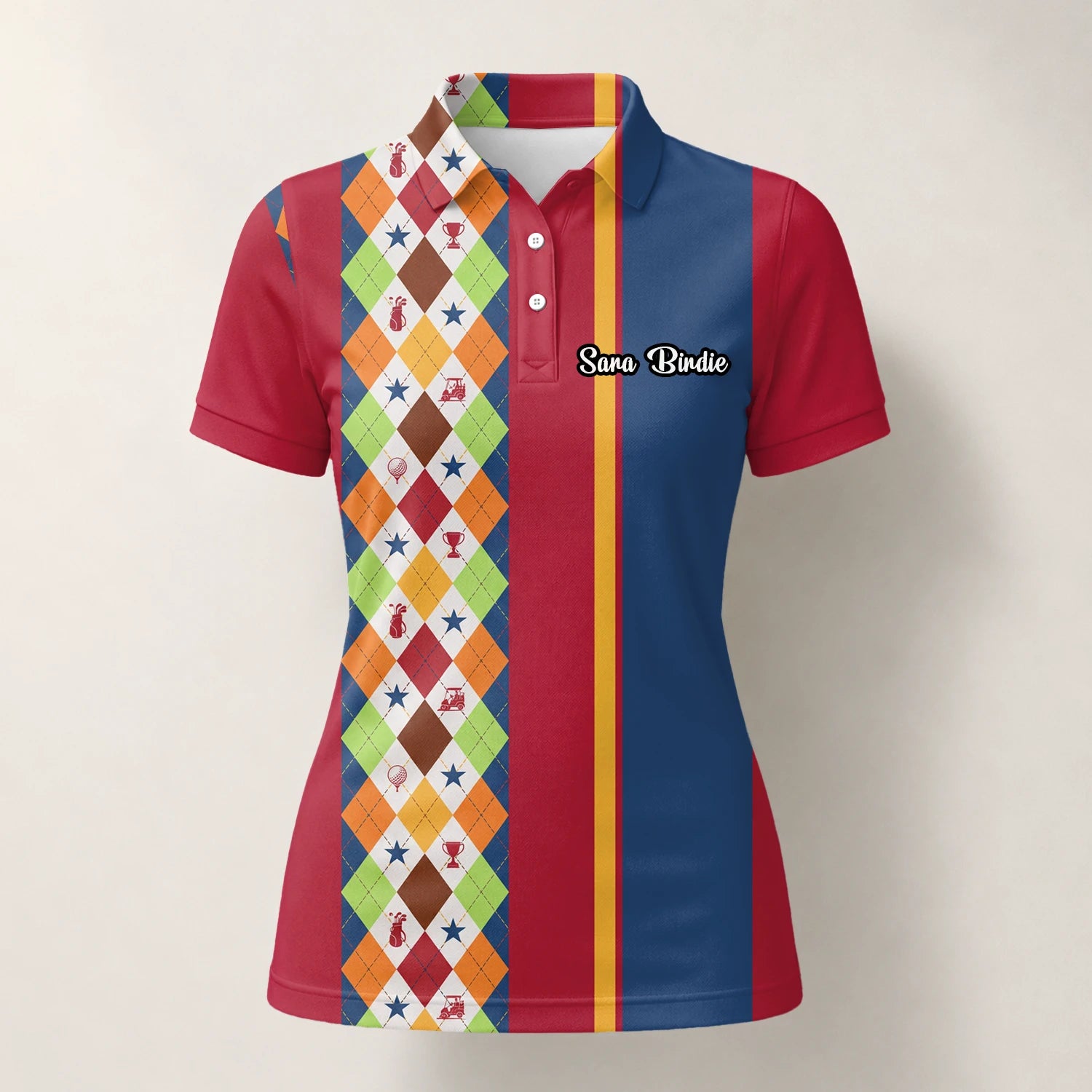 Personalisiertes Golf Poloshirt Rot Blaues Buntes Rauten Muster für Damen V1769