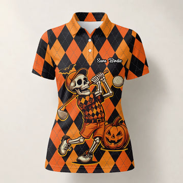 Personalisiertes Golf Poloshirt Orange Schwarzes Halloween Skelett Golfer Rauten Design für Damen I4585