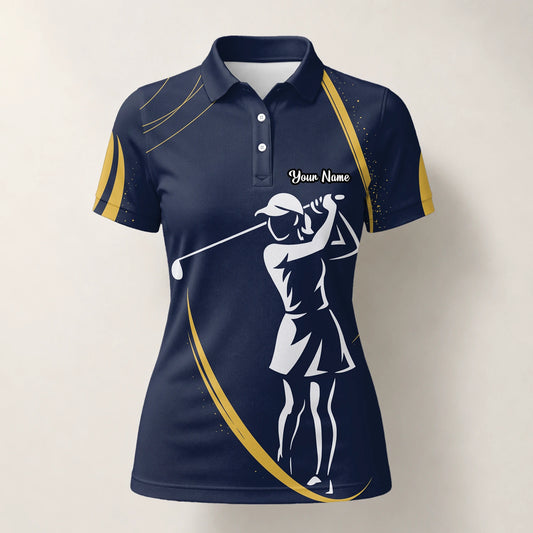 Personalisiertes Golf Poloshirt Marineblau Goldenes Golfer Silhouetten Design für Damen K0906