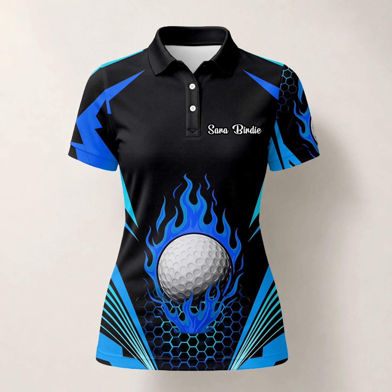 Personalisiertes Golf Poloshirt Schwarz Blaues Golfball Flammen Design für Damen Y8576