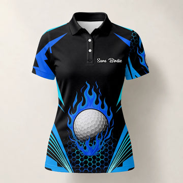 Personalisiertes Golf Poloshirt Schwarz Blaues Golfball Flammen Design für Damen Y8576