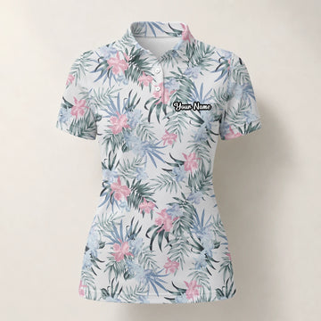 Personalisiertes Golf Poloshirt Weiß Rosa Tropisches Blumen Blätter Design für Damen C1037