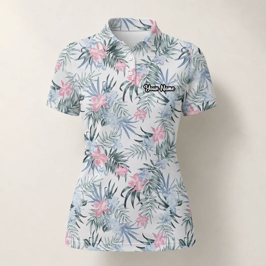 Personalisiertes Golf Poloshirt Weiß Rosa Tropisches Blumen Blätter Design für Damen C1037