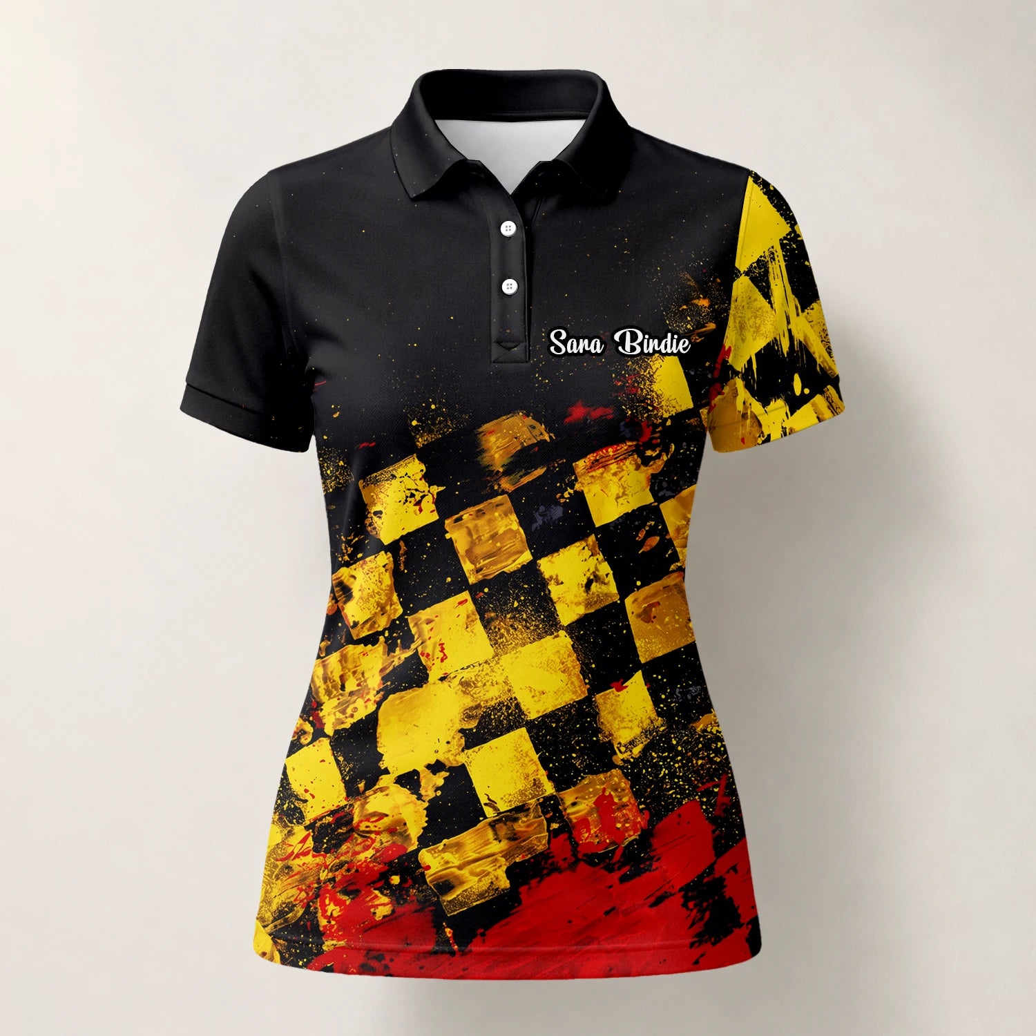 Personalisiertes Golf Poloshirt Schwarz Gelb Rotes Grunge Schachbrett Design für Damen R0396