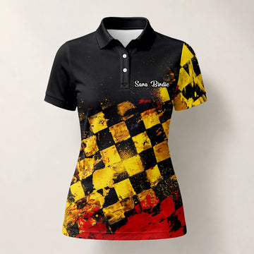 Personalisiertes Golf Poloshirt Schwarz Gelb Rotes Grunge Schachbrett Design für Damen R0396