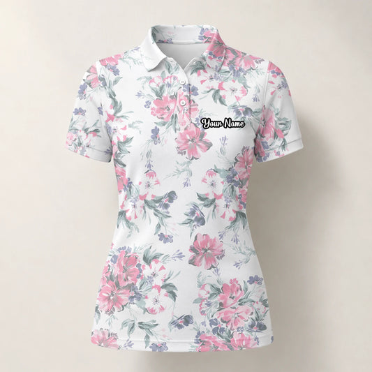 Personalisiertes Golf Poloshirt Weiß Rosa Blumen Blätter Design für Damen H5152