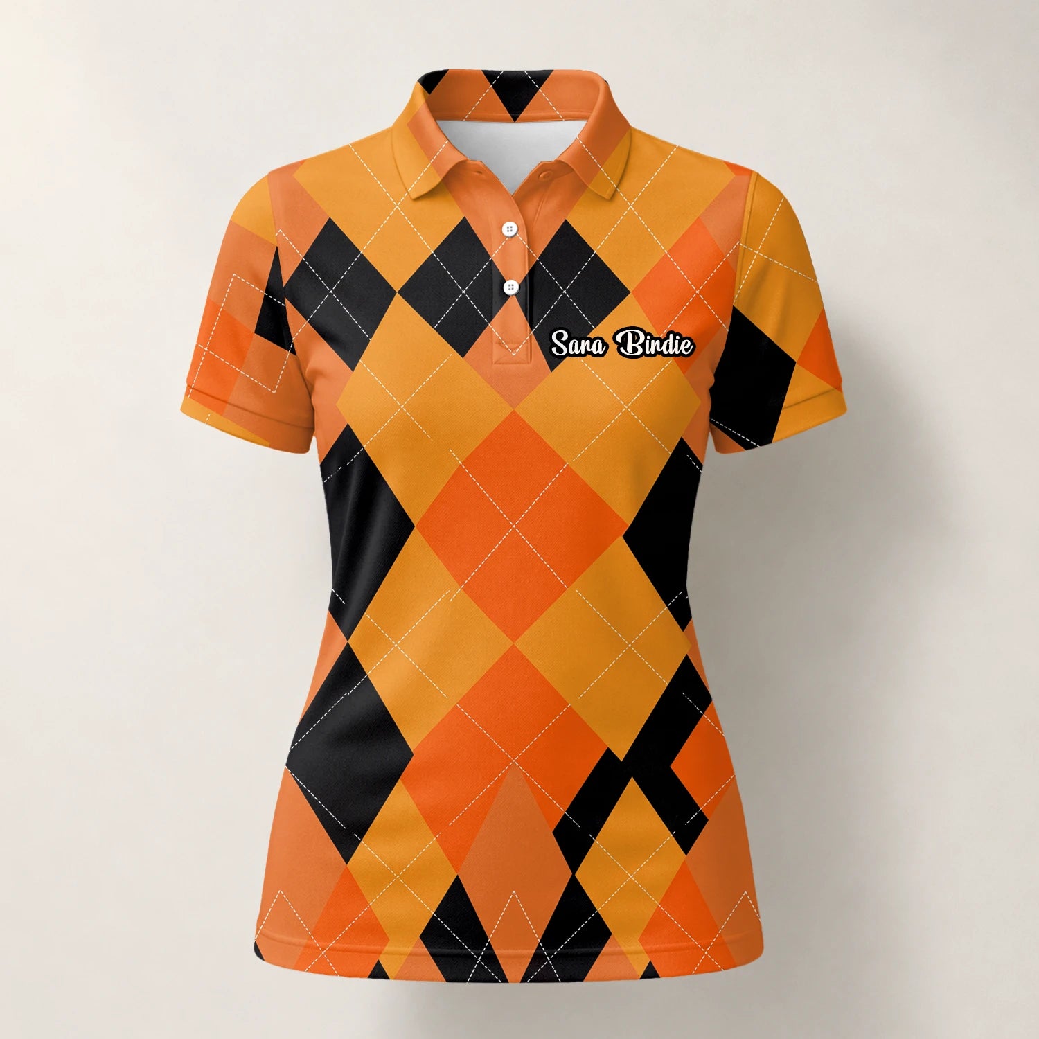 Personalisiertes Golf Poloshirt Orange Schwarzes Rauten Muster für Damen C4203