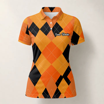 Personalisiertes Golf Poloshirt Orange Schwarzes Rauten Muster für Damen C4203
