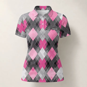 Personalisiertes Golf Poloshirt Rosa Graues Rauten Muster für Damen Z9376